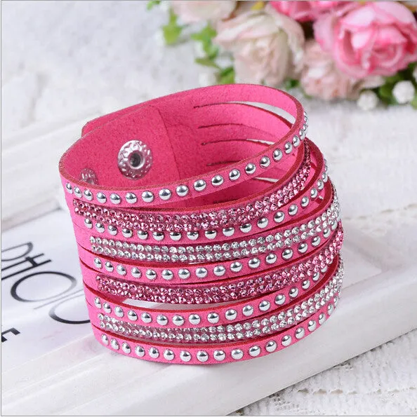 New Womens Simple Cuff Leather Girls Crystal Wrap Punk Bangle Rhinestone Bracelet Jewelry Gift Party