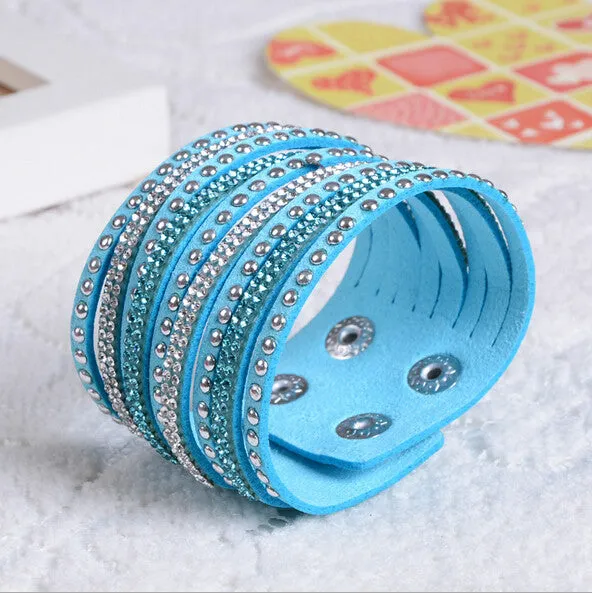 New Womens Simple Cuff Leather Girls Crystal Wrap Punk Bangle Rhinestone Bracelet Jewelry Gift Party