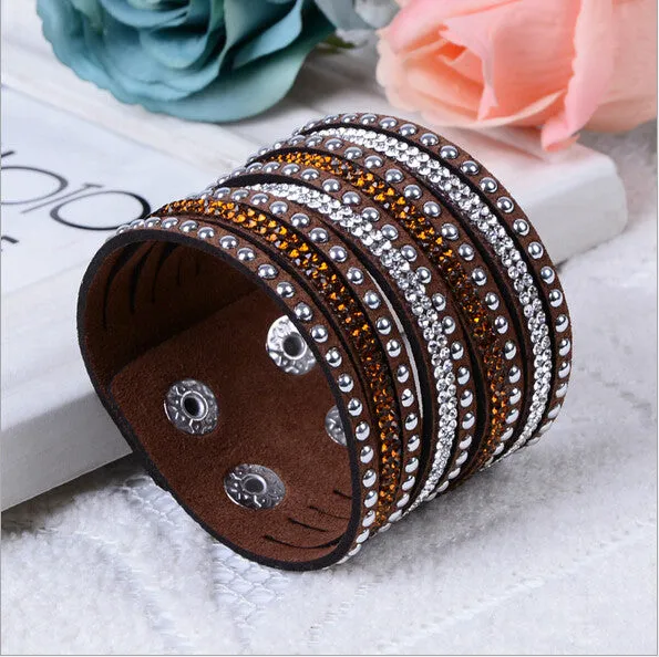 New Womens Simple Cuff Leather Girls Crystal Wrap Punk Bangle Rhinestone Bracelet Jewelry Gift Party