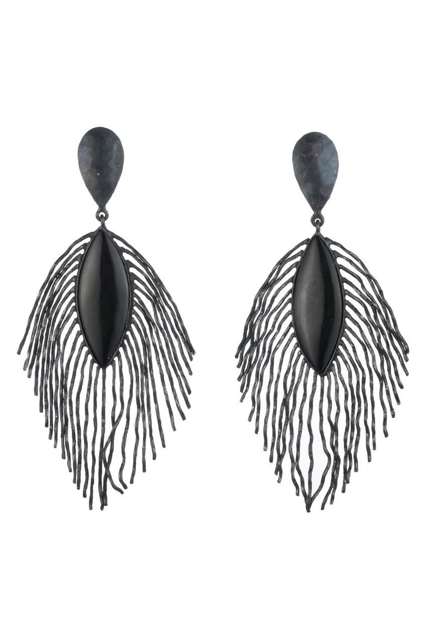 Oxidized Brass Peacock Feather Clip Earrings