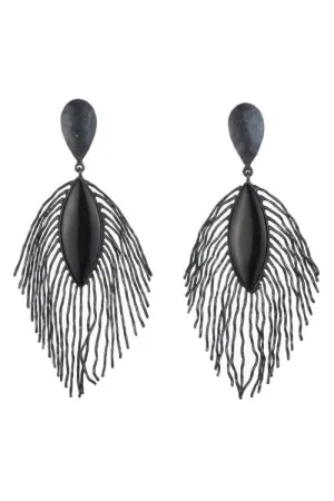 Oxidized Brass Peacock Feather Clip Earrings