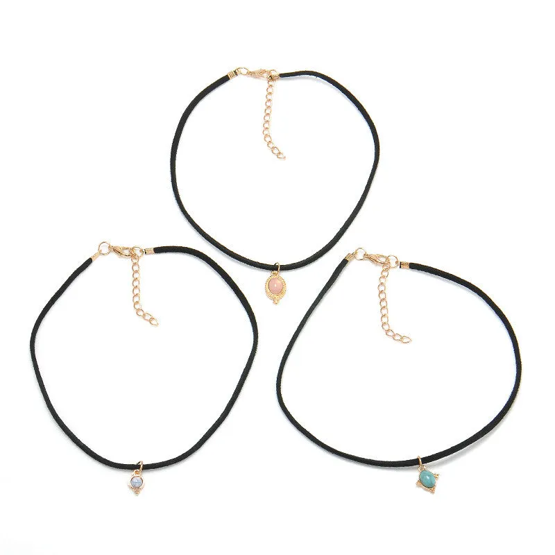 Punk Black Velvet Stripe Turquoise Chokers Necklaces Alloy Cute Pendants Necklaces Sets Necklace 3pcs set