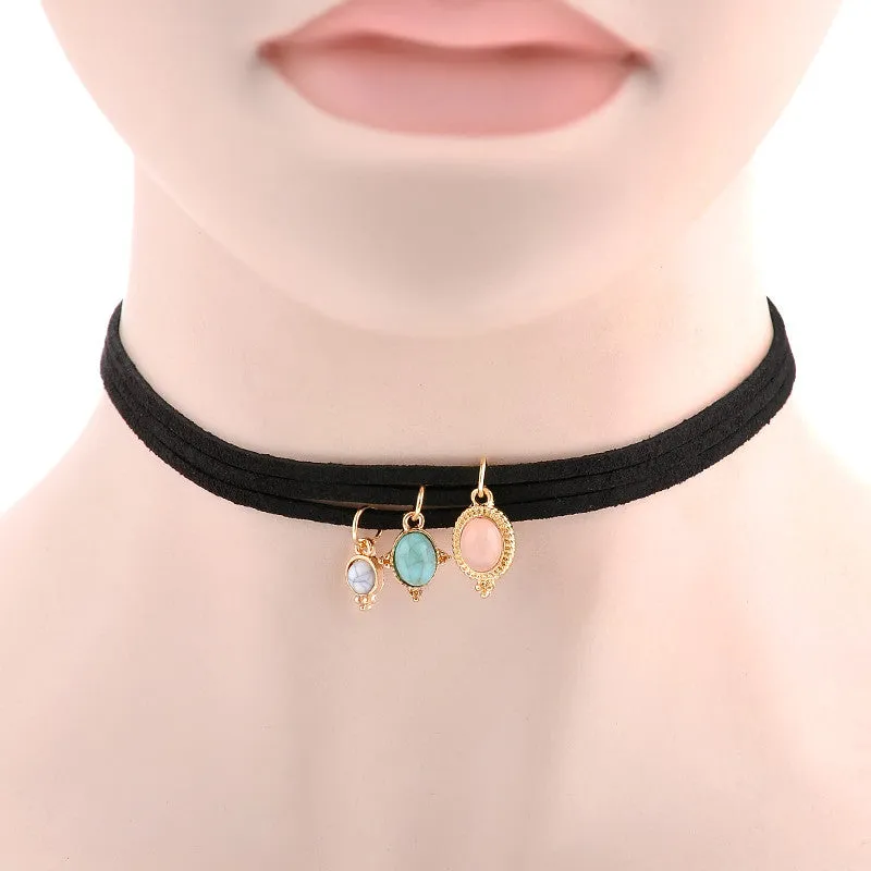 Punk Black Velvet Stripe Turquoise Chokers Necklaces Alloy Cute Pendants Necklaces Sets Necklace 3pcs set