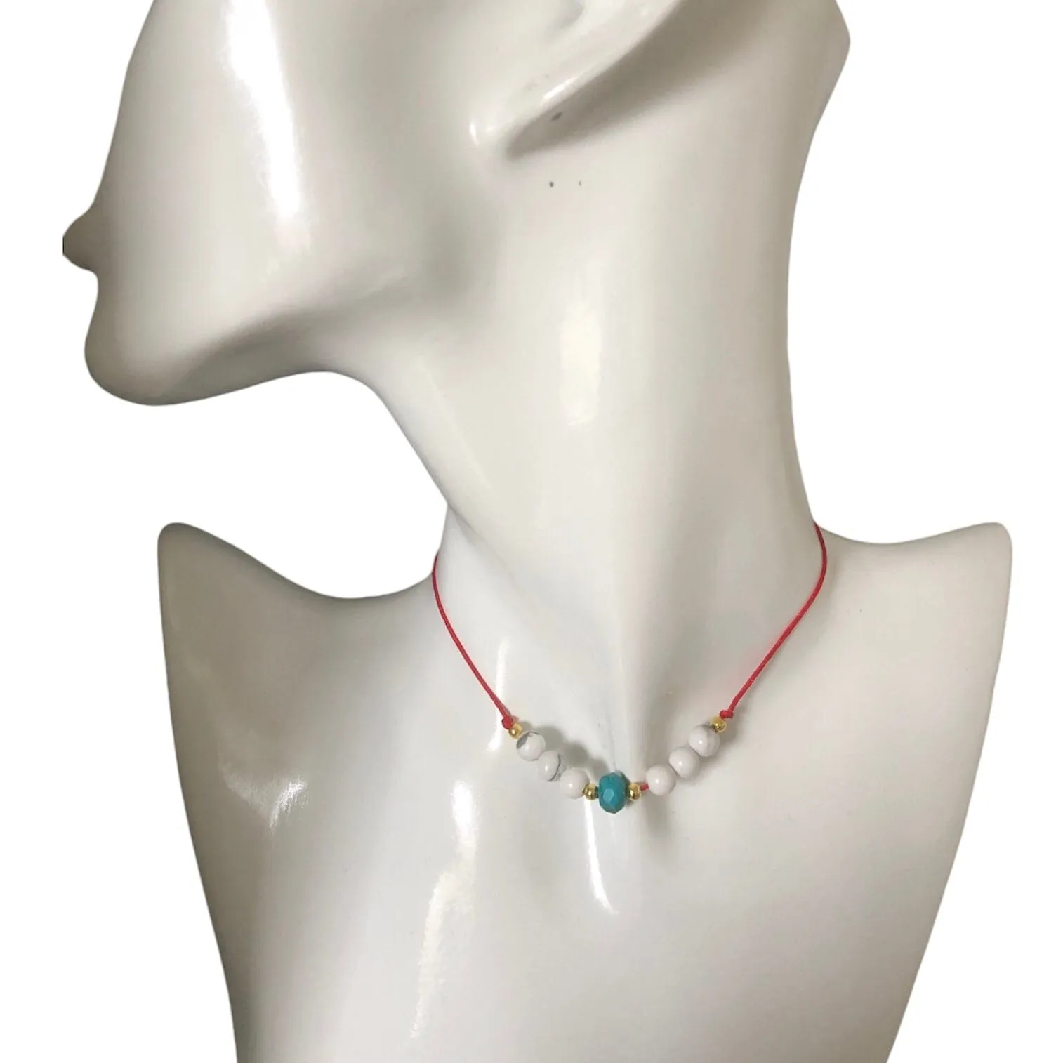 Red Thread Choker Necklace with Howlite & Turquoise