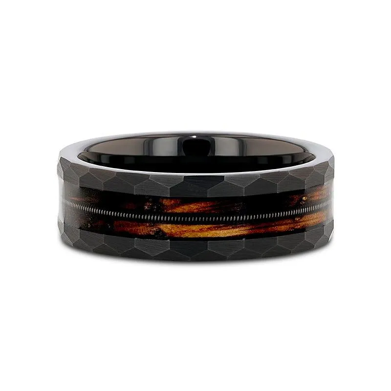 RIFF Black Tungsten Ring with Charred Whiskey Barrel and Guitar String - 8mm