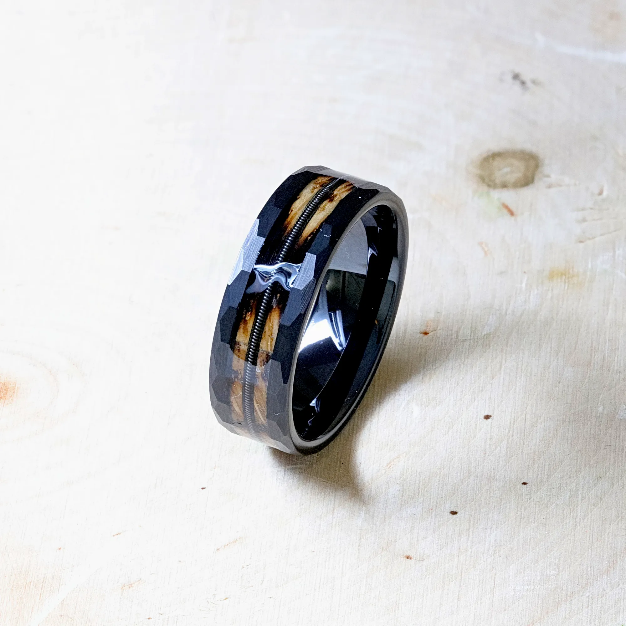 RIFF Black Tungsten Ring with Charred Whiskey Barrel and Guitar String - 8mm