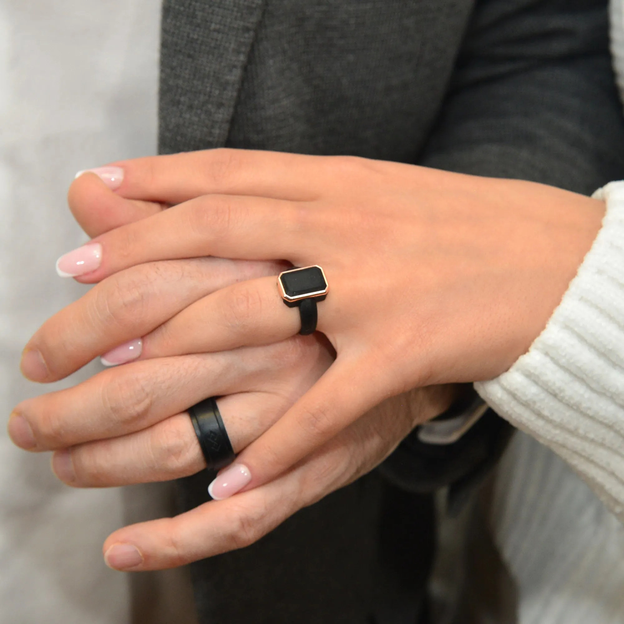 Set of Two Rings: Women's Black Emerald  & Men's Infinity Collection