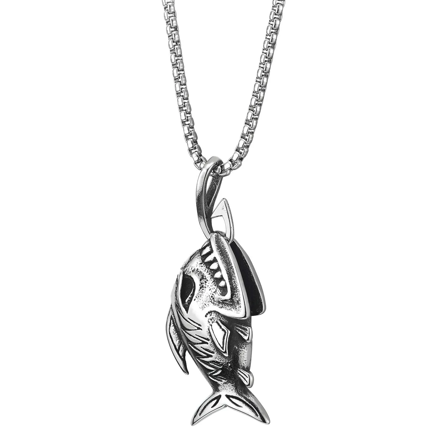 Shark Sharp Teeth Fish Skeleton Bone Pendant Necklace Steel Gothic Style, 30 inches Wheat Chain