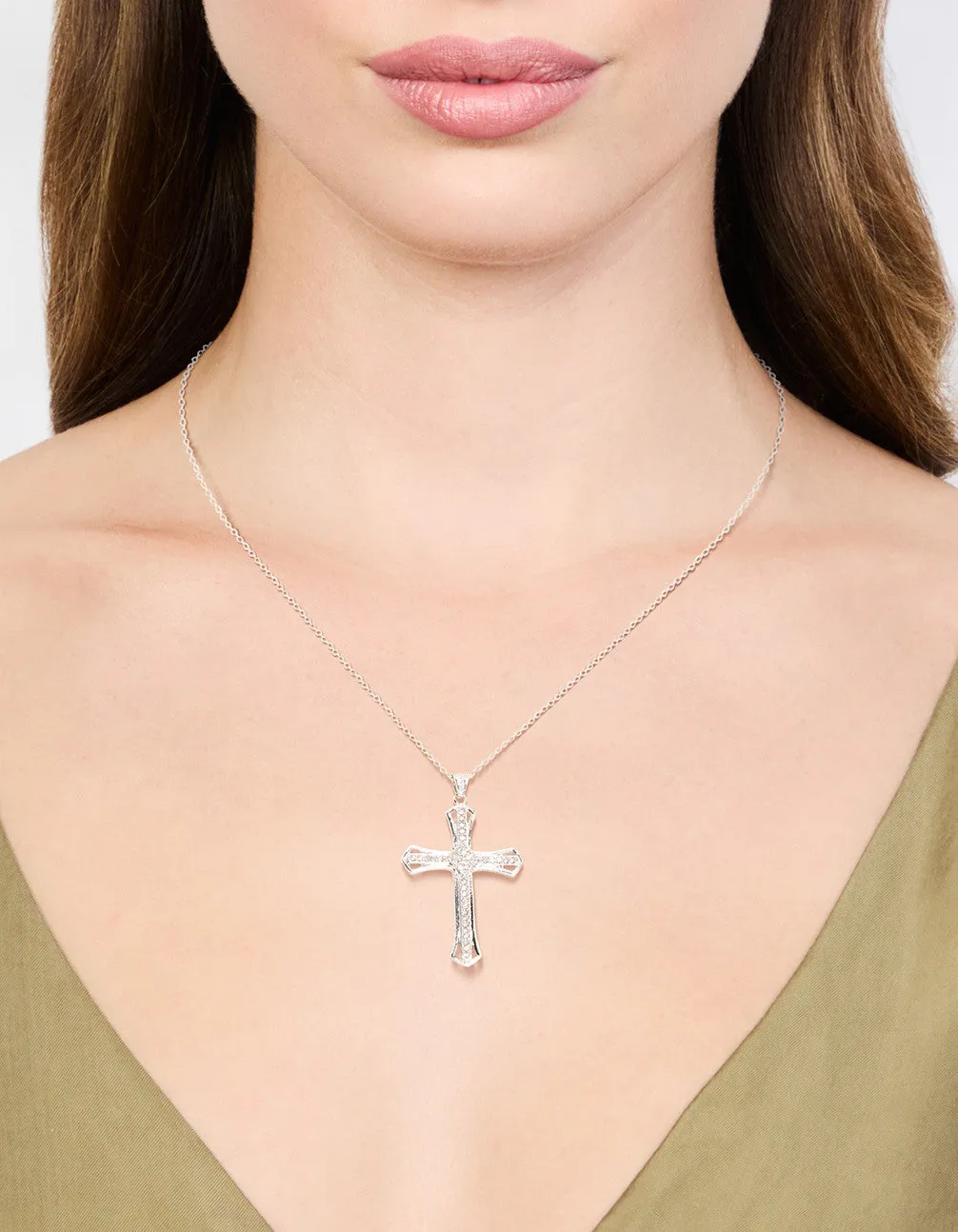 Silver Bold Diamante Cross Necklace