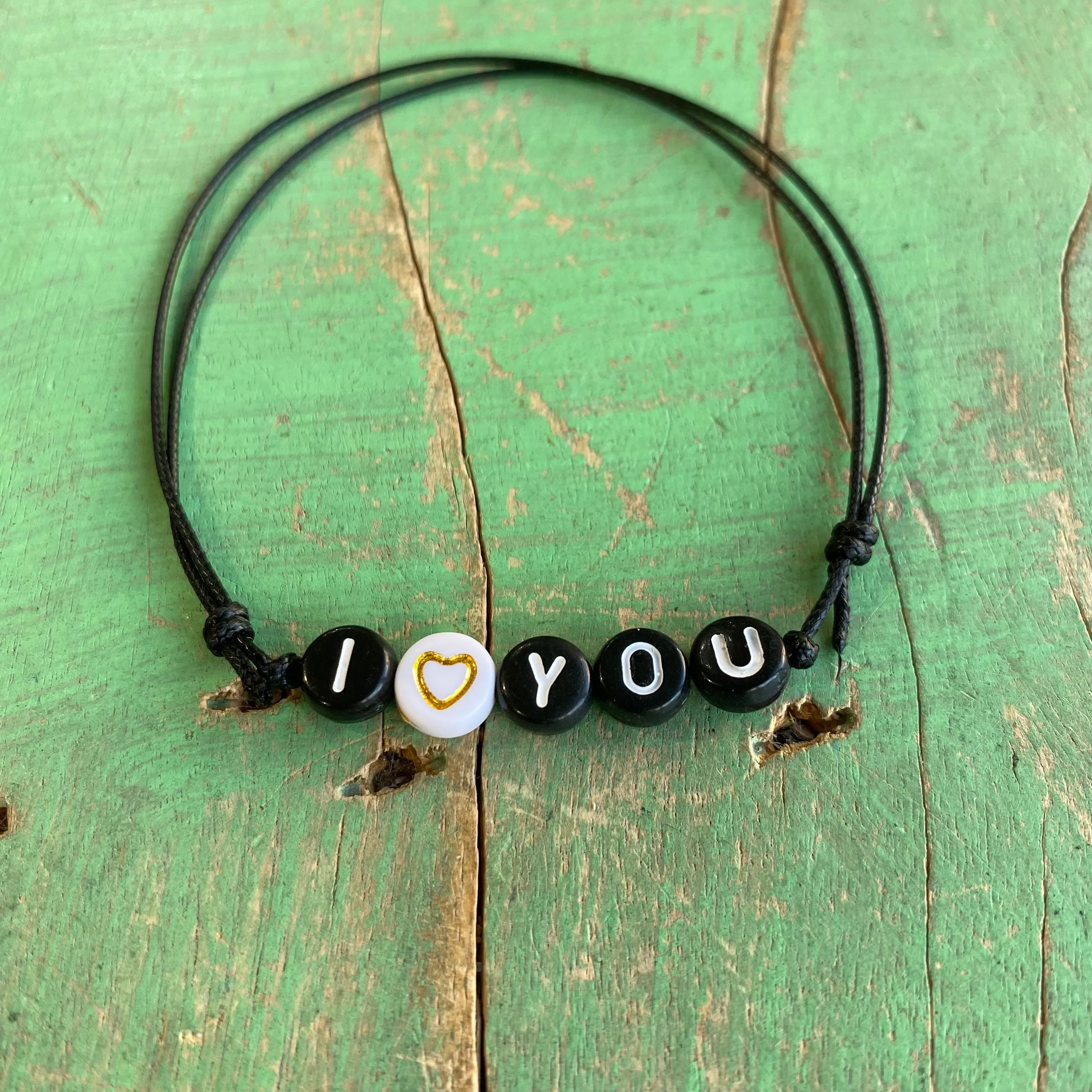 Simple Black Cord Cross and I Love You Bracelet