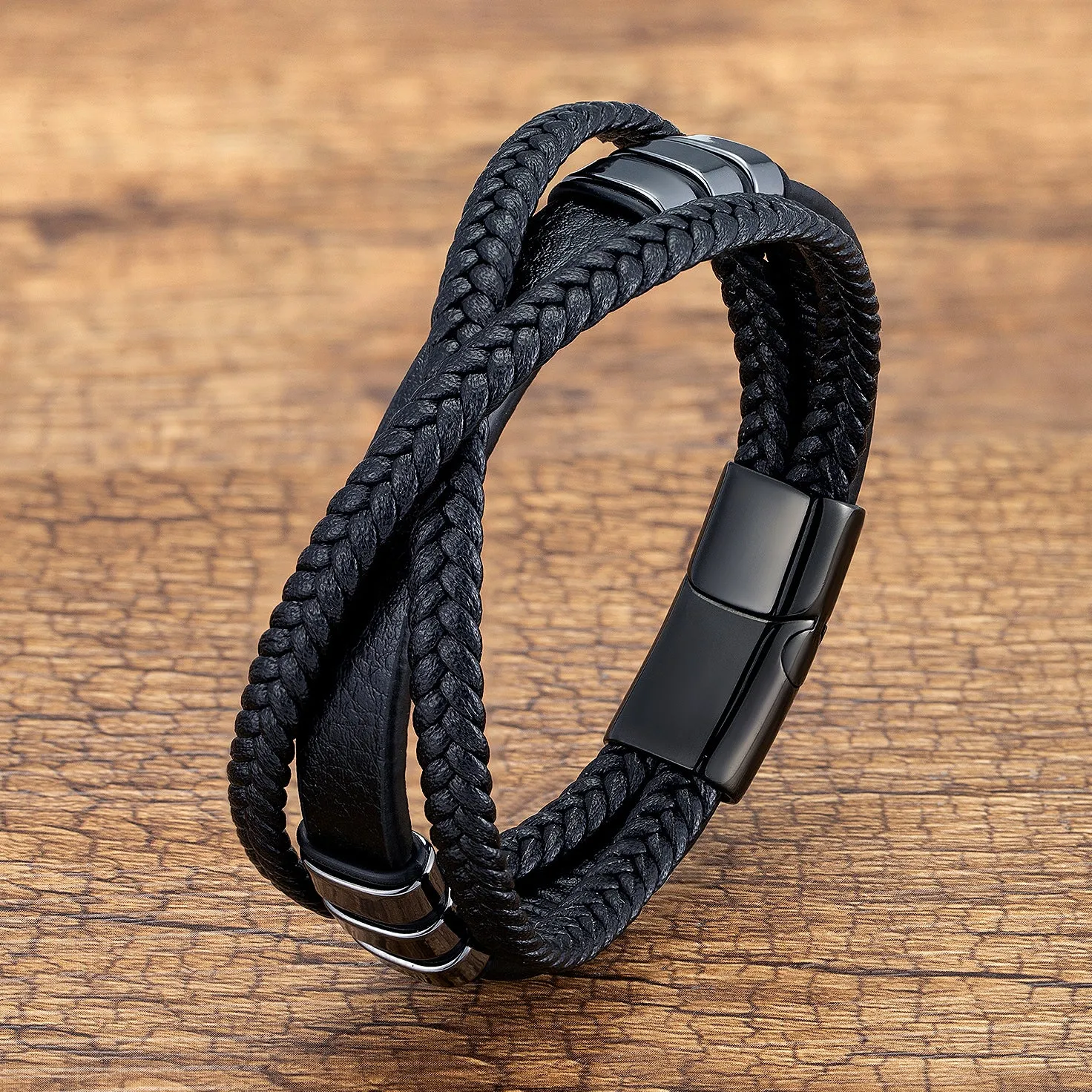 Simple Casual Stainless Steel Magnet Buckle Three-layer Leather Cord Braided Bracelet