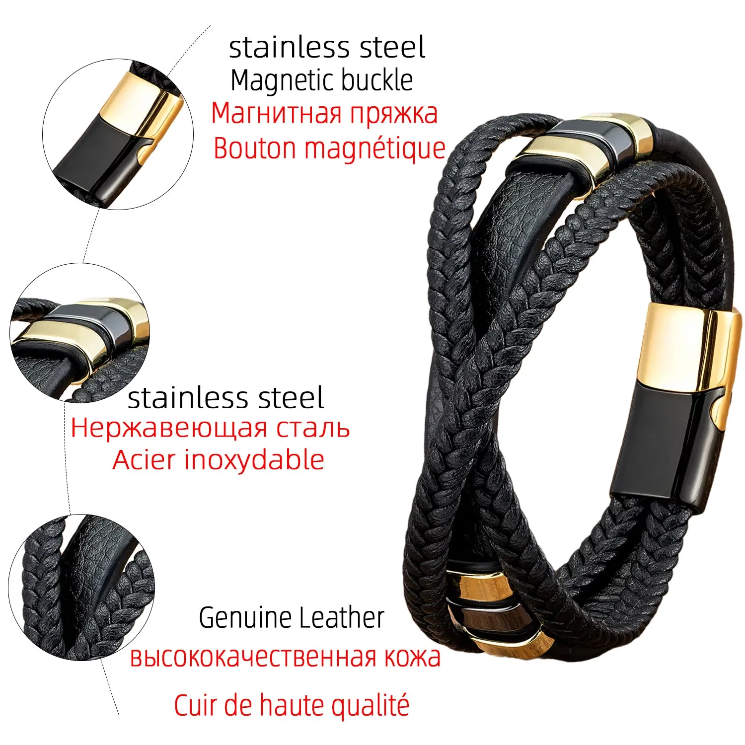 Simple Casual Stainless Steel Magnet Buckle Three-layer Leather Cord Braided Bracelet