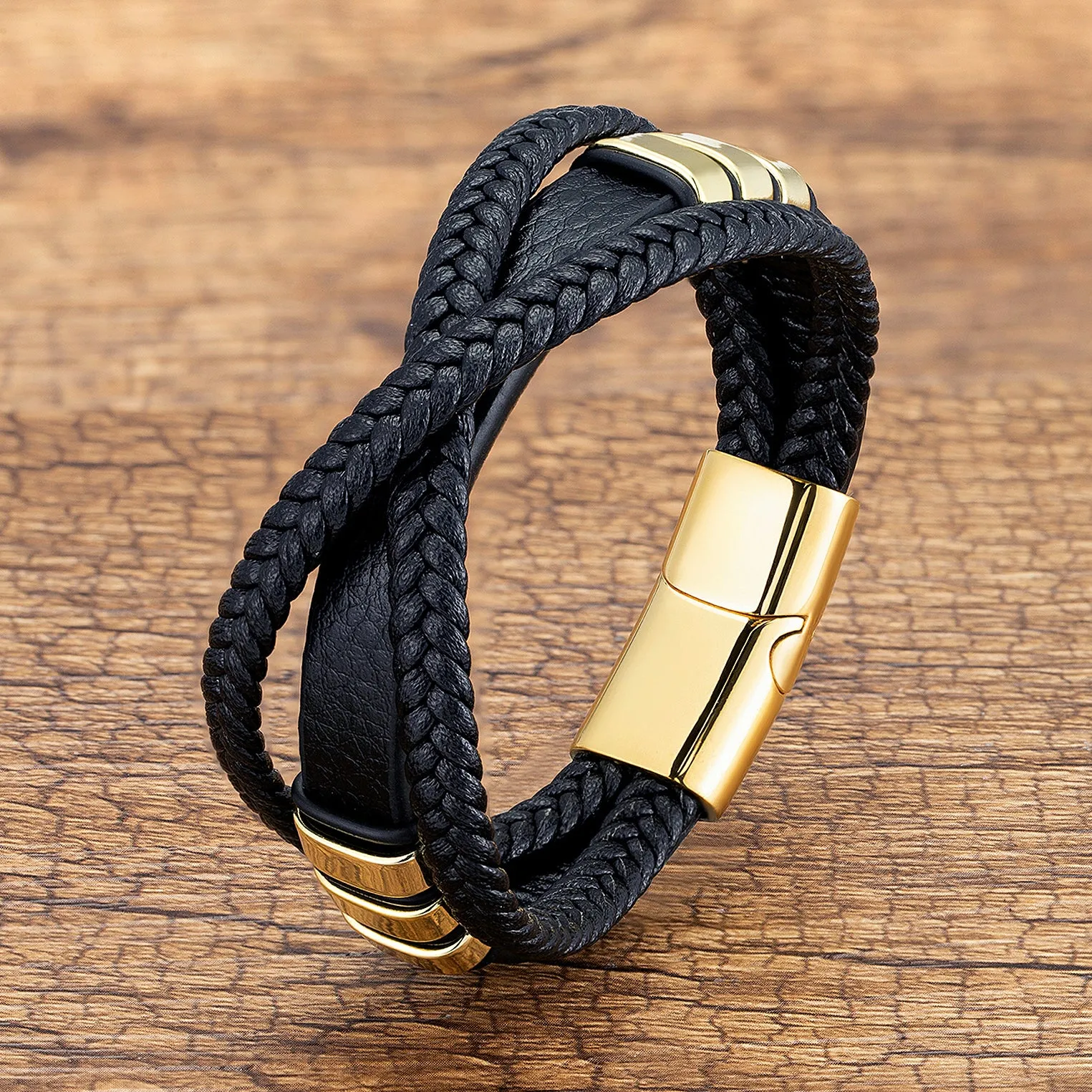 Simple Casual Stainless Steel Magnet Buckle Three-layer Leather Cord Braided Bracelet