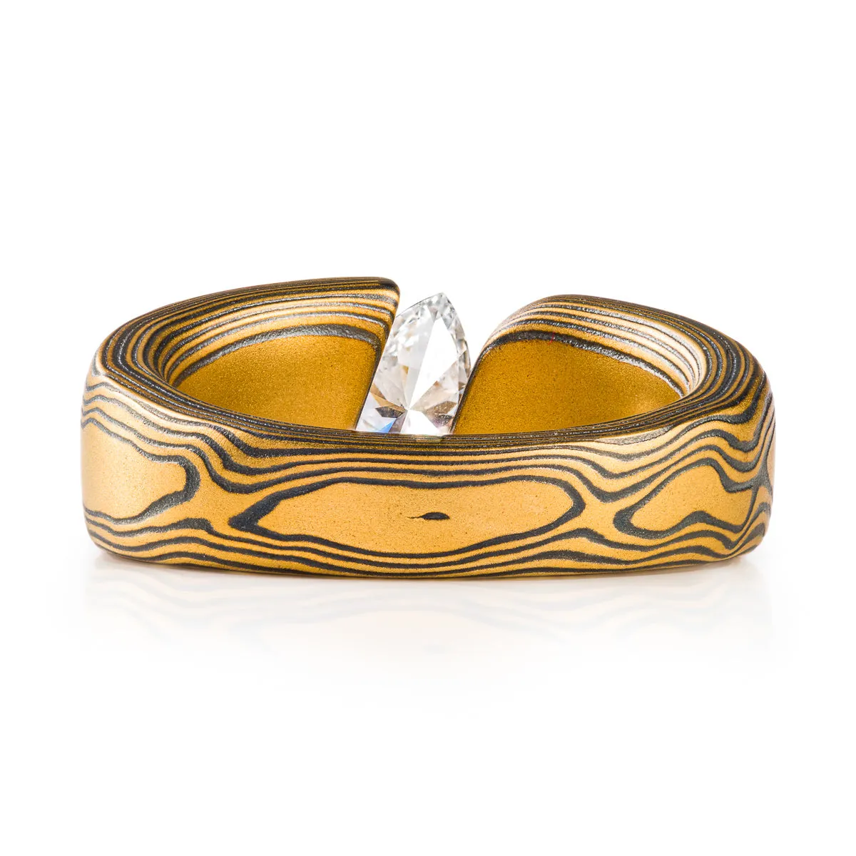 Sophisticated Diamond Tension Set Wedding Ring in Woodgrain Pattern