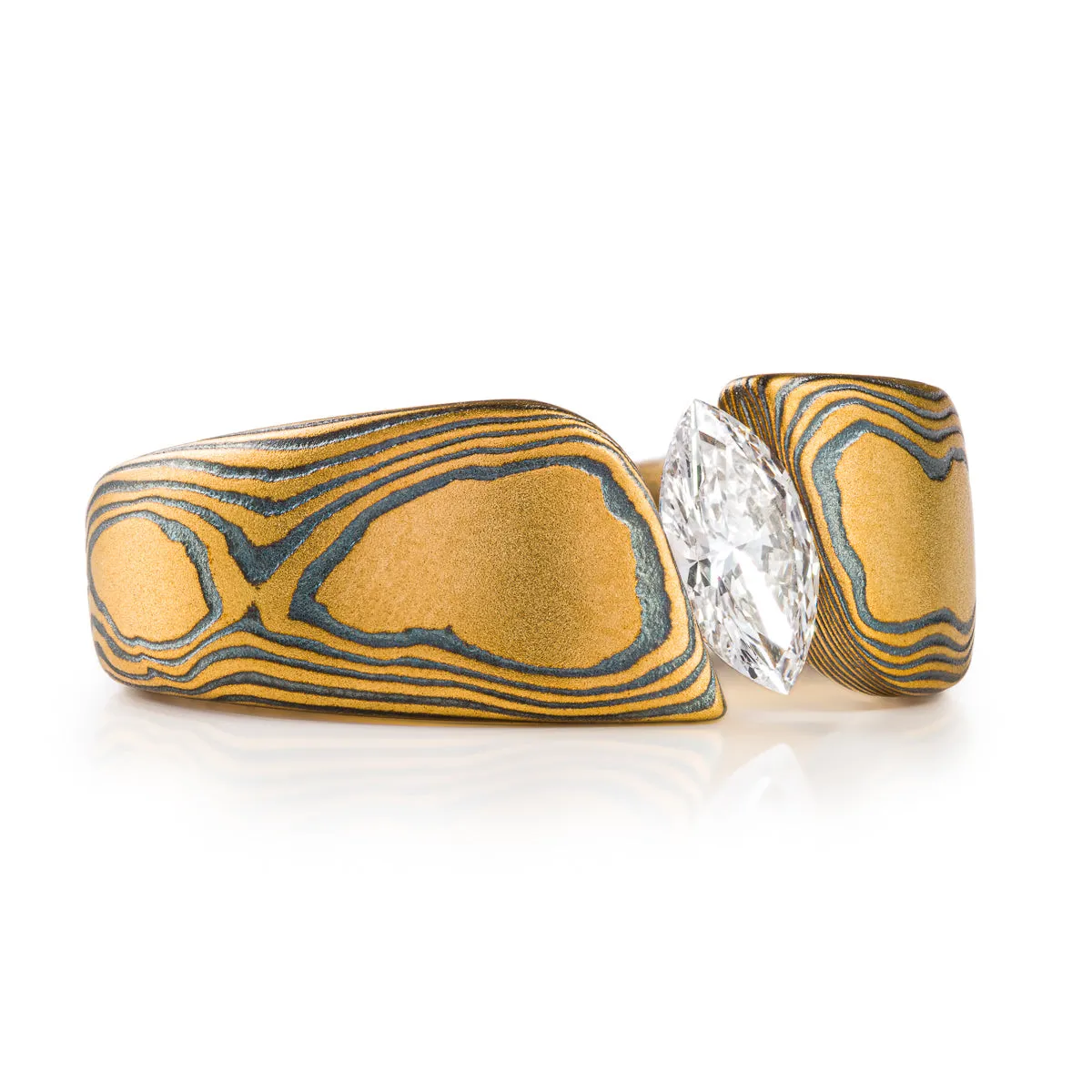 Sophisticated Diamond Tension Set Wedding Ring in Woodgrain Pattern