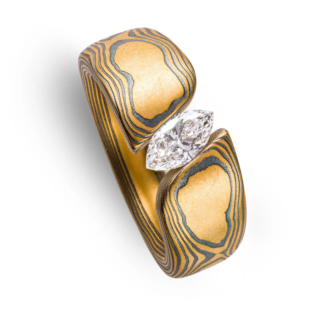 Sophisticated Diamond Tension Set Wedding Ring in Woodgrain Pattern