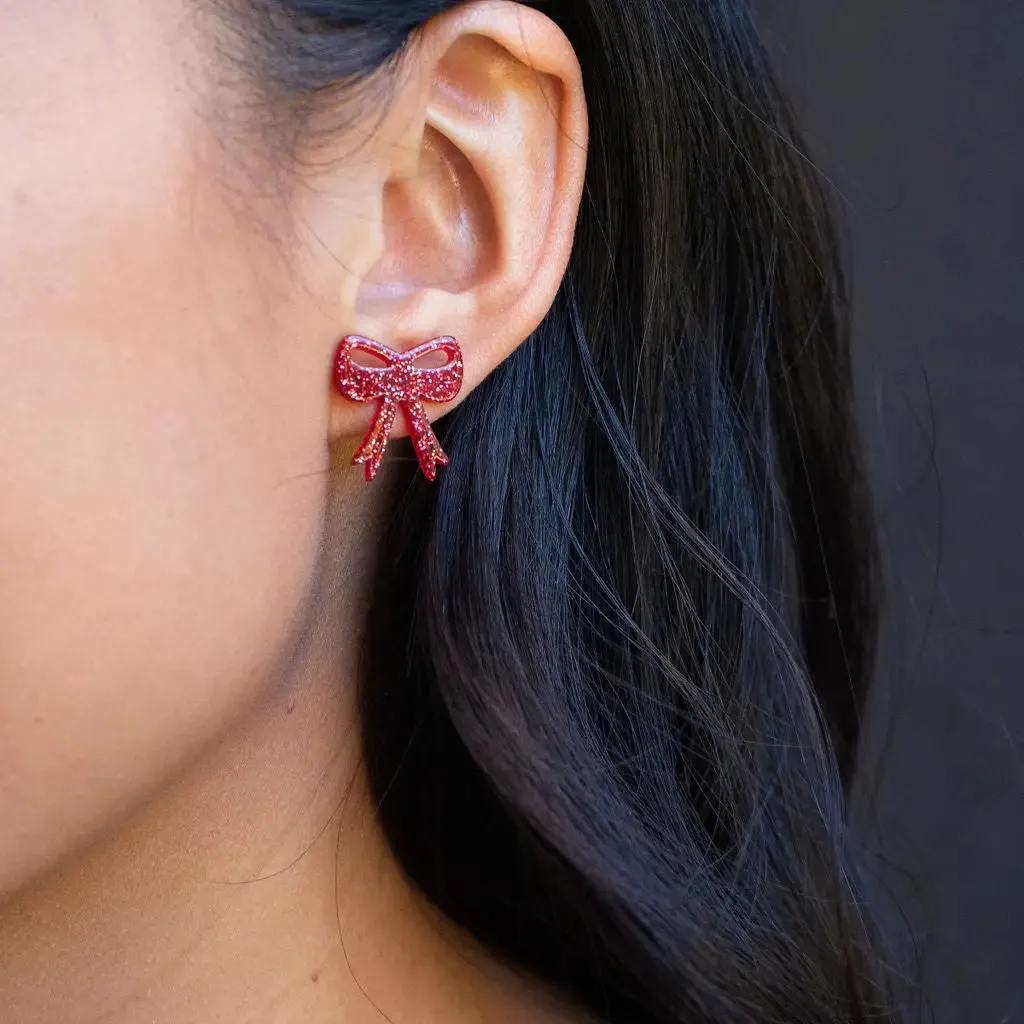 Sparkly Red Bow Studs