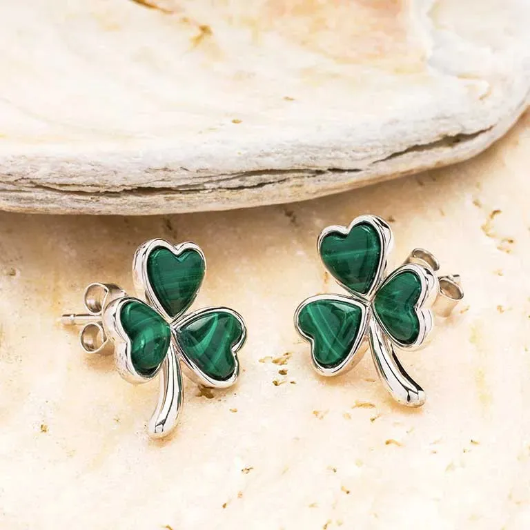 Sterling Silver Malachite Celtic Shamrock Earrings