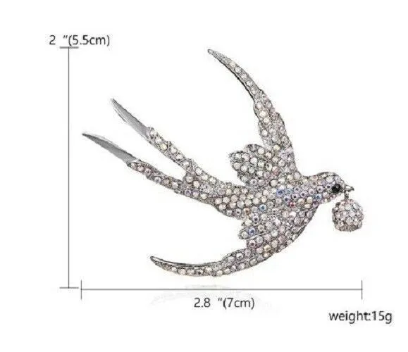 Stunning diamonte silver plated vintage look flying bird christmas brooch pin b7