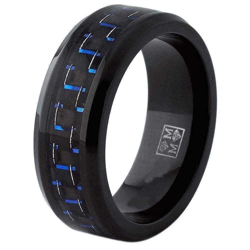 Titanium rings -Oliveti Black Men's Black and Blue Carbon Fiber Comfort Fit Band (8mm)