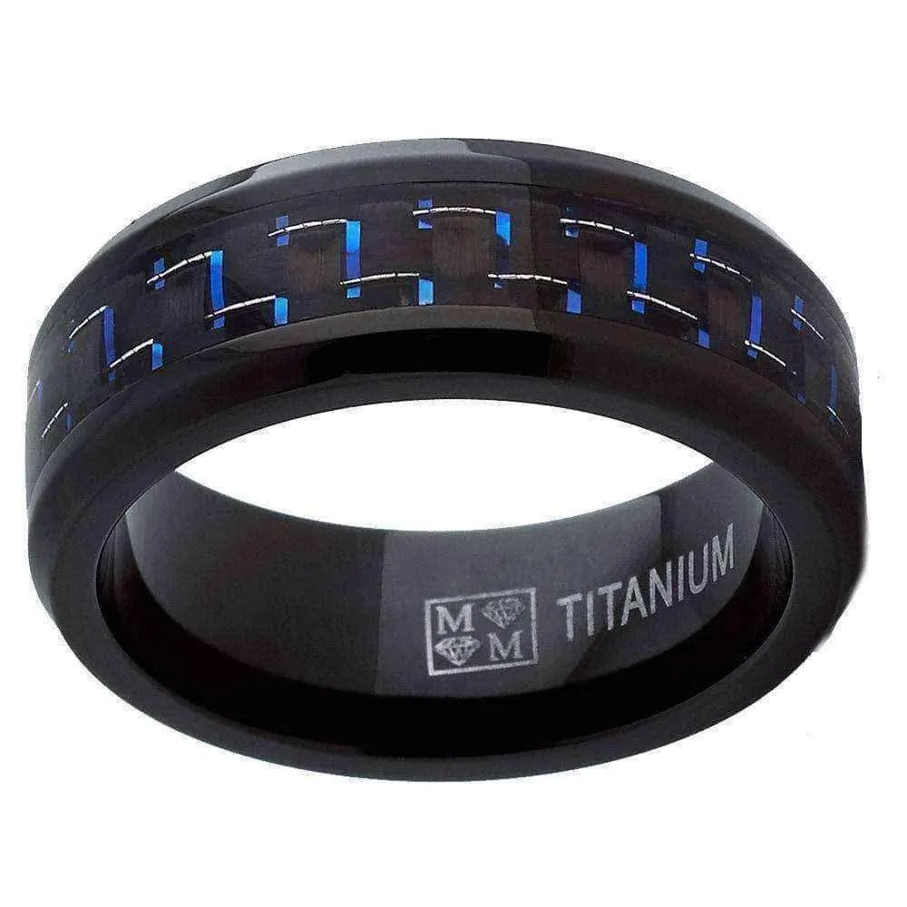 Titanium rings -Oliveti Black Men's Black and Blue Carbon Fiber Comfort Fit Band (8mm)