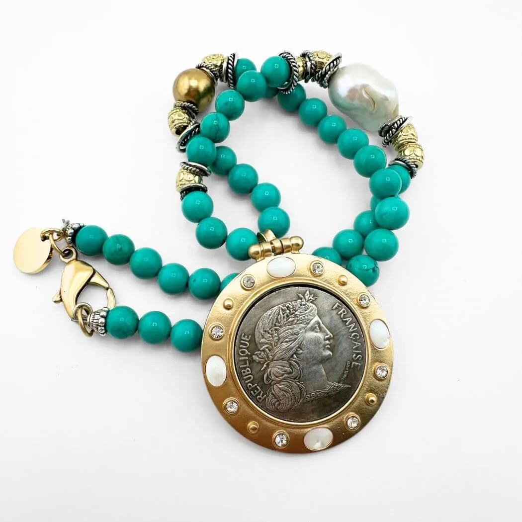 Turquoise Beaded Coin Necklace Short or Long