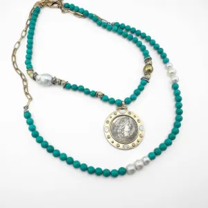 Turquoise Beaded Coin Necklace Short or Long