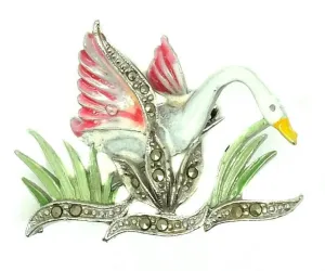 Vintage 1940s Enamel Swan Brooch