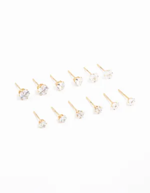 Waterproof Gold Plated Stainless Steel Cubic Zirconia Stud Earrings 6-Pack