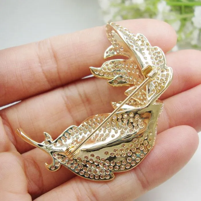 Woman's Clear Zircon Crystal Leaf Gold Tone Brooch