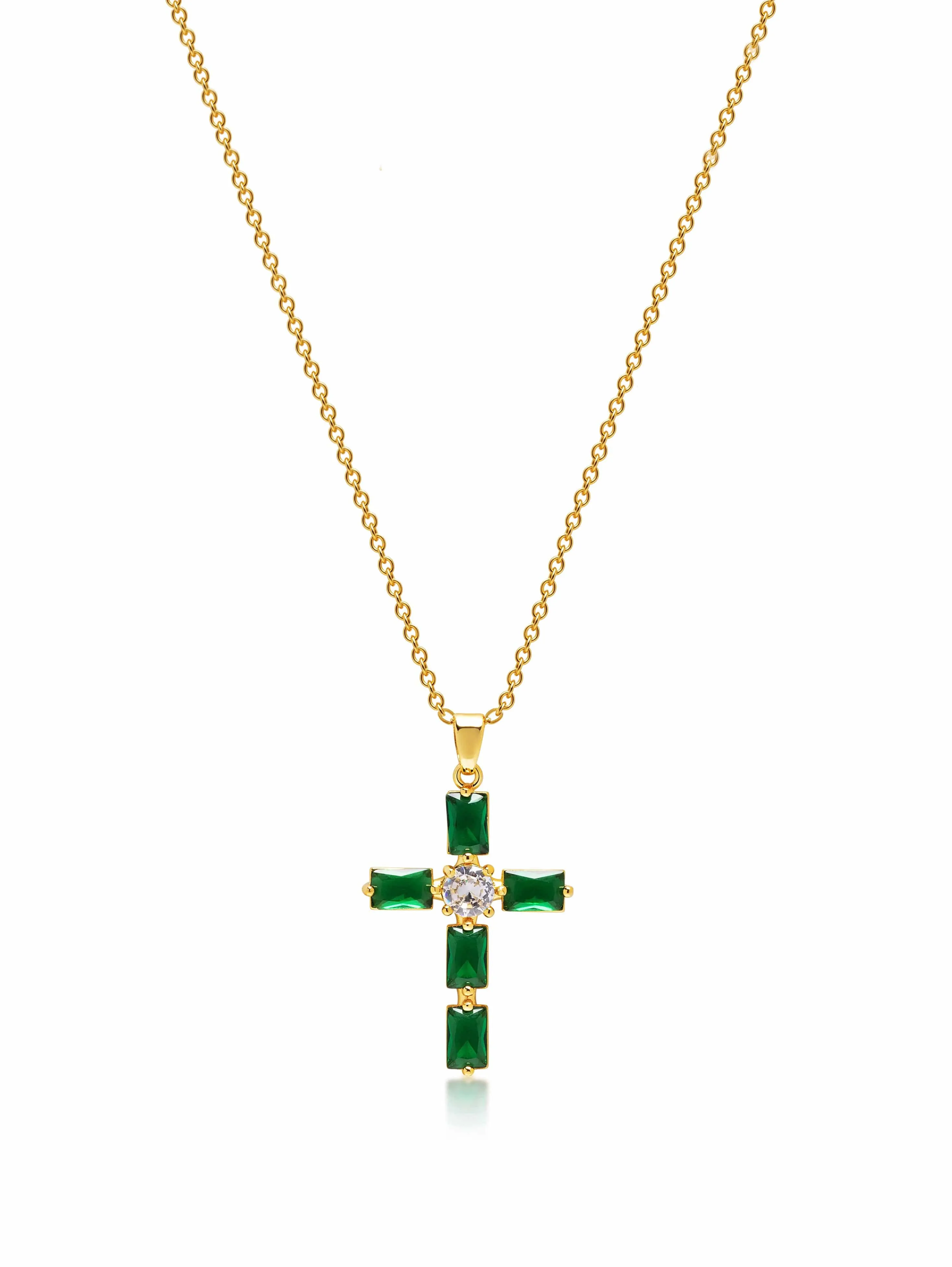 Women's Green CZ Cross Necklace